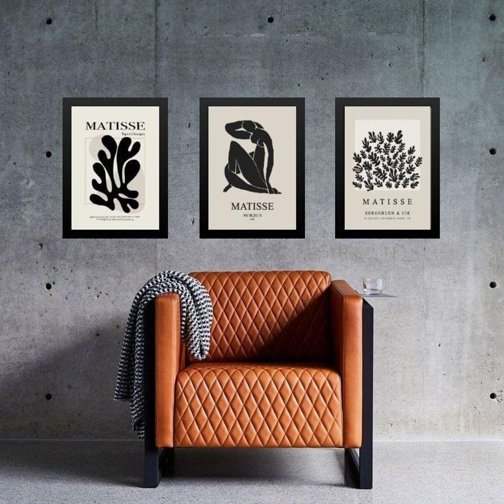 Kit 3 Quadros Arte Matisse Preto E Nude 33X24Cm - Com Vidro