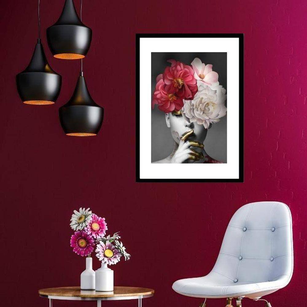 Quadro Moderno Mulher Cabeça Flores - 60X48Cm