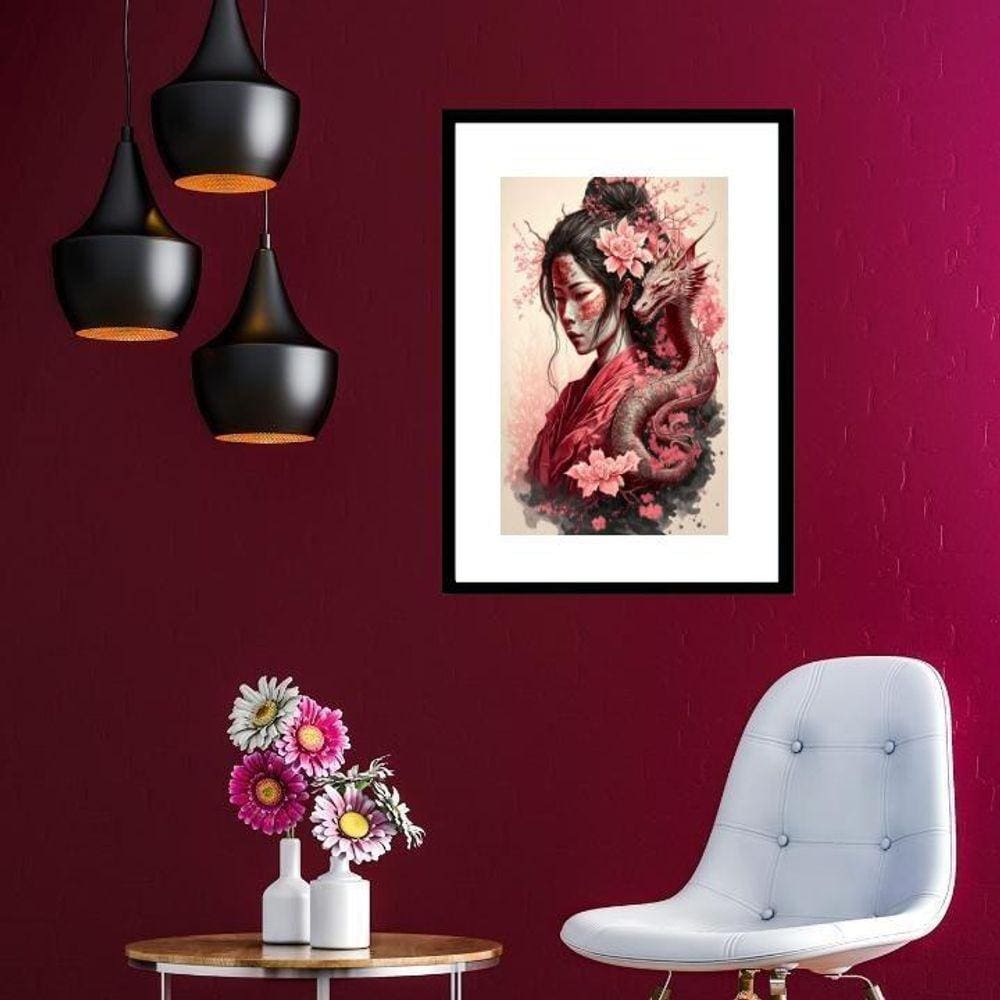 Quadro Gueixa Com Dragão - 60X48Cm