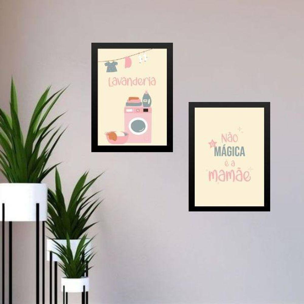 Kit 2 Quadros Lavanderia Mágica Da Mamãe 45X34Cm - Com Vidro