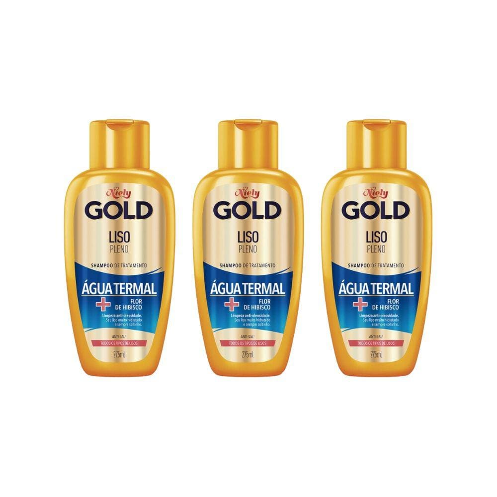 Shampoo Niely Gold 275ml Água Termal Liso Pleno - Kit C/3un