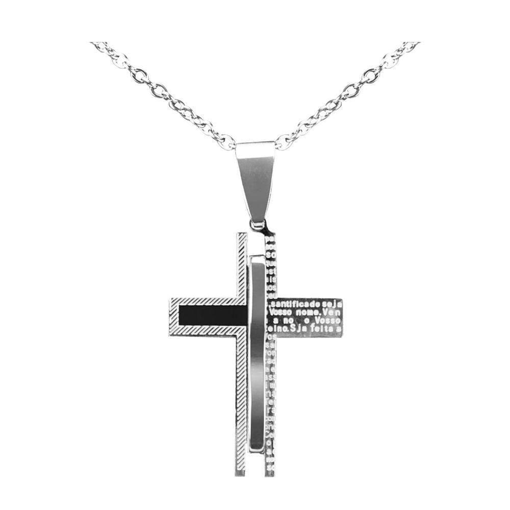 Cordão Aço Inox Prata + Pingente Crucifixo Pai Nosso + Saquinho Ajustavel Casual