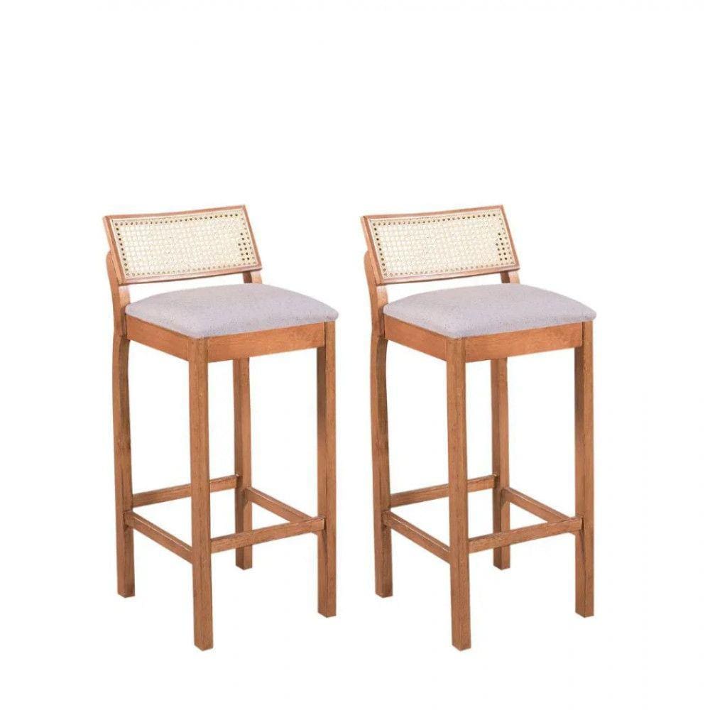 2 Banquetas Helena em Madeira Maciça e Encosto com Tela Natural Facilita Decor