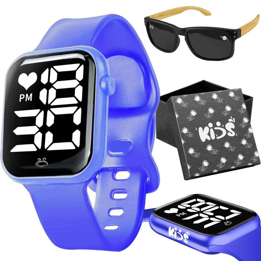 Relógio digital infantil + caixa + oculos sol proteção uv haste madeira criança menino resistente