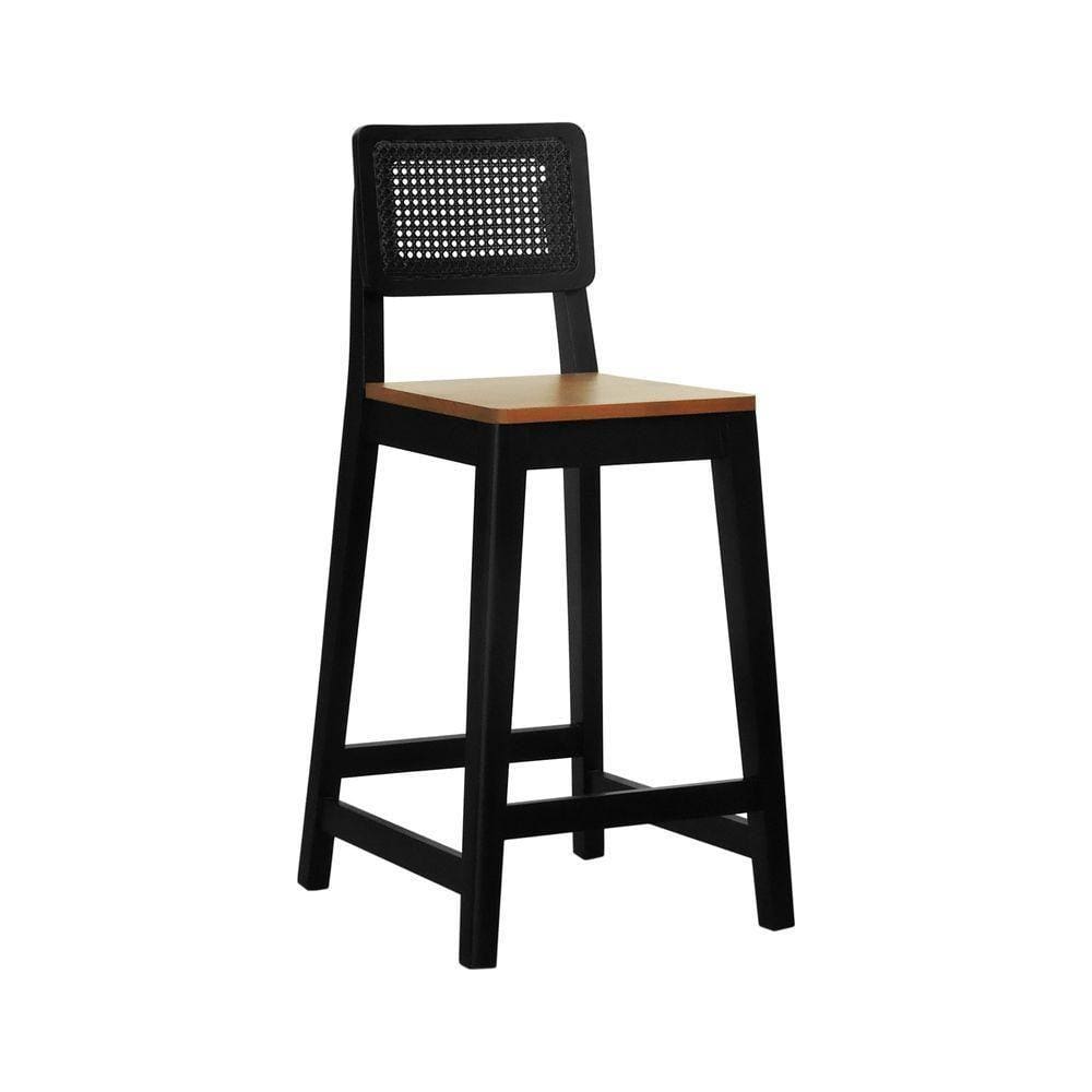 Banqueta Gabi Madeira Maciça Encosto C- Telinha C- 68cm Altura - Preto Assento Madeira Amêndoa