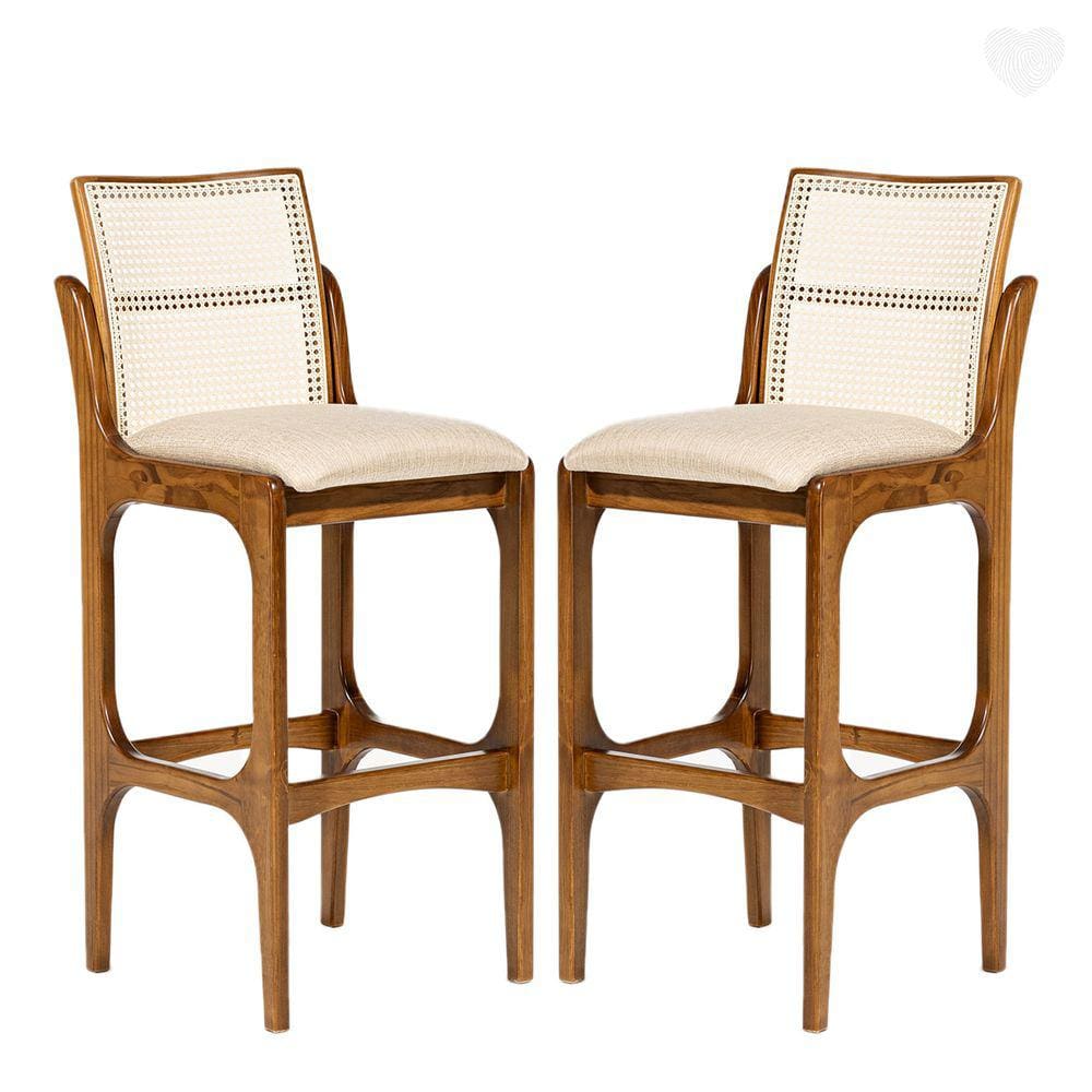 Kit 2 Banquetas para Cozinha Americana Lisboa Encosto Rattan Madeira Imbuia Linho Bege M58