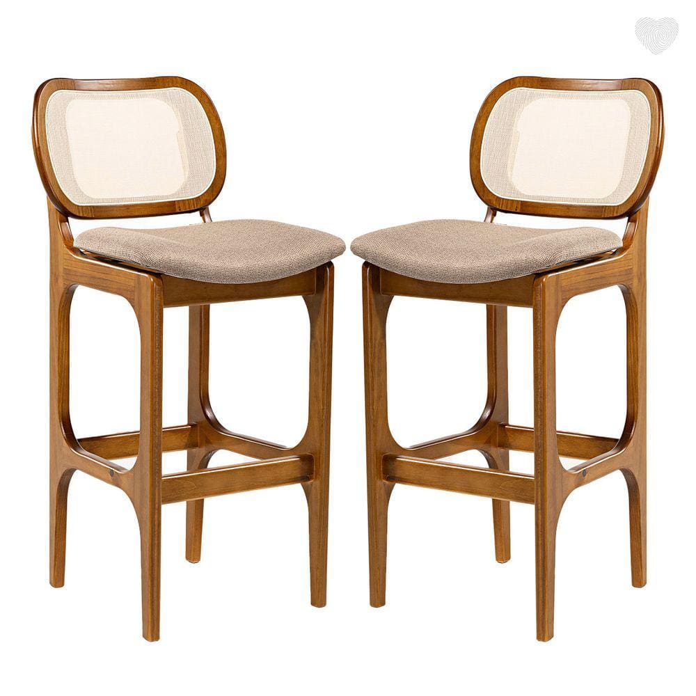 Kit 2 Banquetas para Cozinha Americana Decor Encosto Rattan Madeira Imbuia Linho Marrom L87