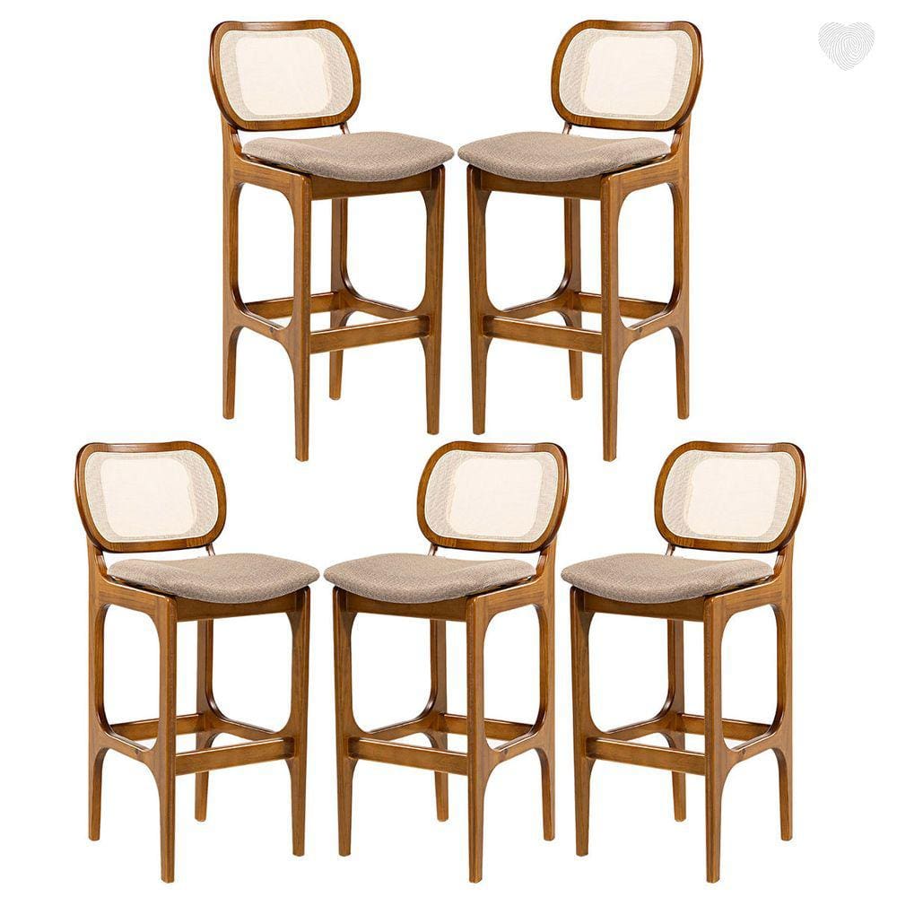 Kit 5 Banquetas Alta para Balcão Decor Madeira Imbuia Encosto Rattan Linho Marrom L87