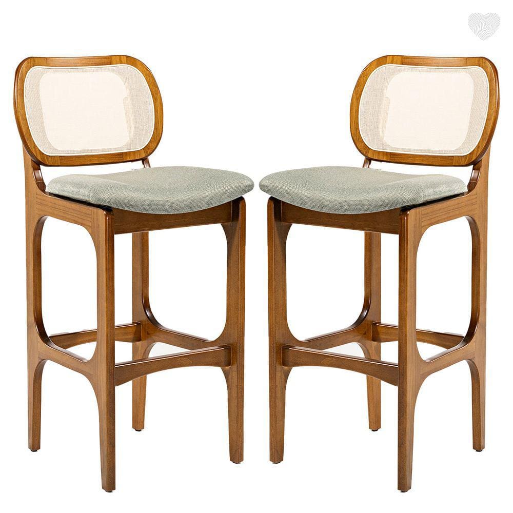 Kit 2 Banquetas para Cozinha Americana Decor Encosto Rattan Madeira Imbuia Linho Linho Verde L84