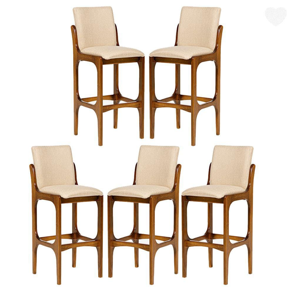 Kit 5 Banquetas Alta para Balcão Lisboa Madeira Imbuia Linho Bege M58