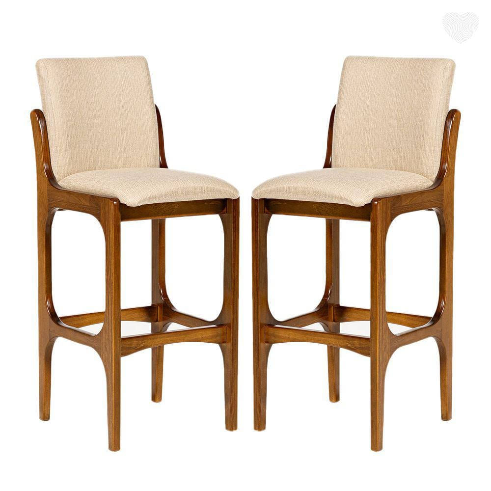 Kit 2 Banquetas para Cozinha Americana Lisboa Madeira Imbuia Linho Bege M58