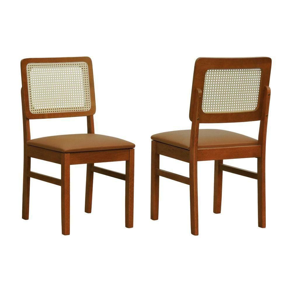 Kit 2 Cadeiras Madeira Maciça Lyon Encosto Telinha Natural - Amêndoa Assento Estofado Corano Caramelo