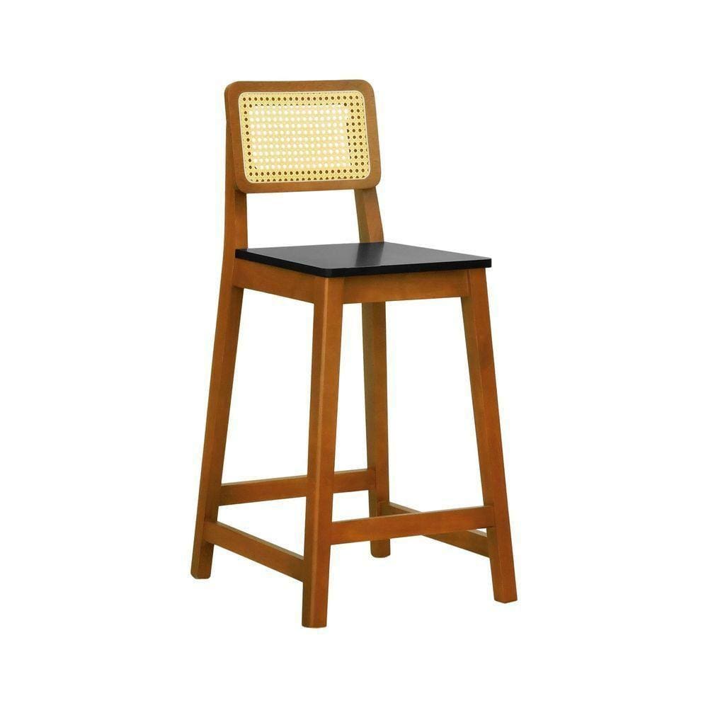 Banqueta Gabi Madeira Maciça Encosto Telinha C- 68cm Altura - Amêndoa Assento Preto Madeira