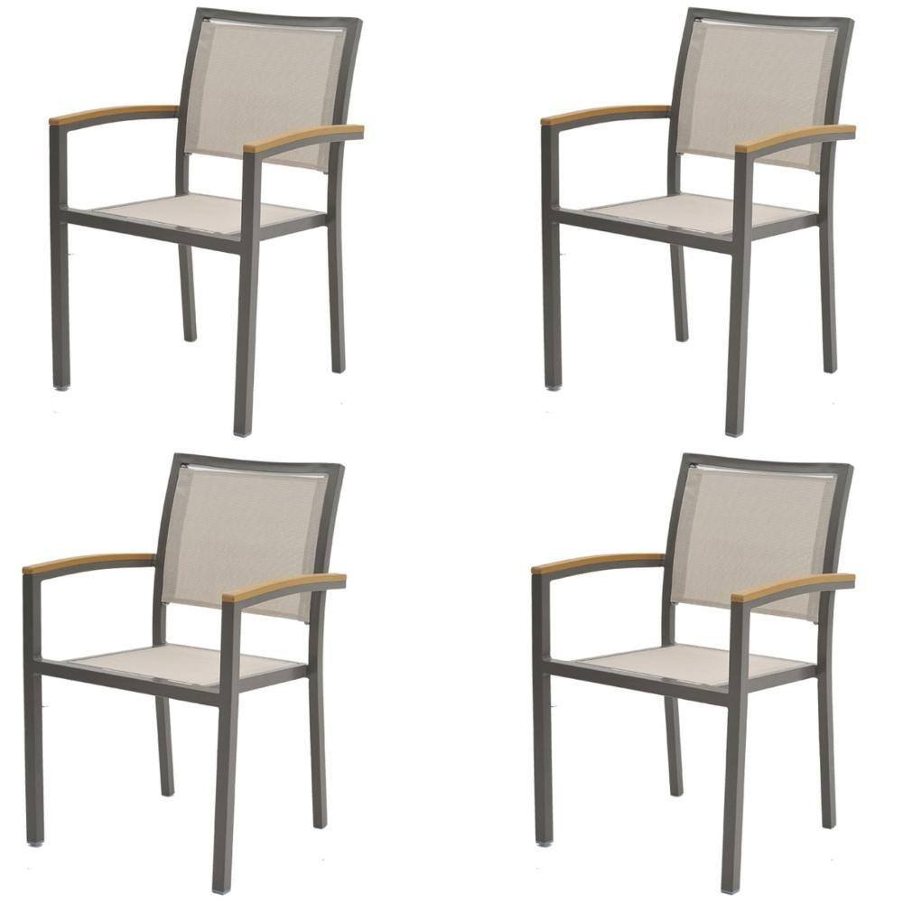 Kit 4 Cadeiras Maragogi Rivattis Em Aluminio Amêndoa Com Polywood Nos Braços Tela Mesh Bege