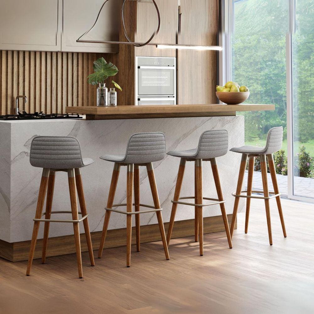 Conjunto 4 banqueta alta madeira luxo estofado em linho cinza