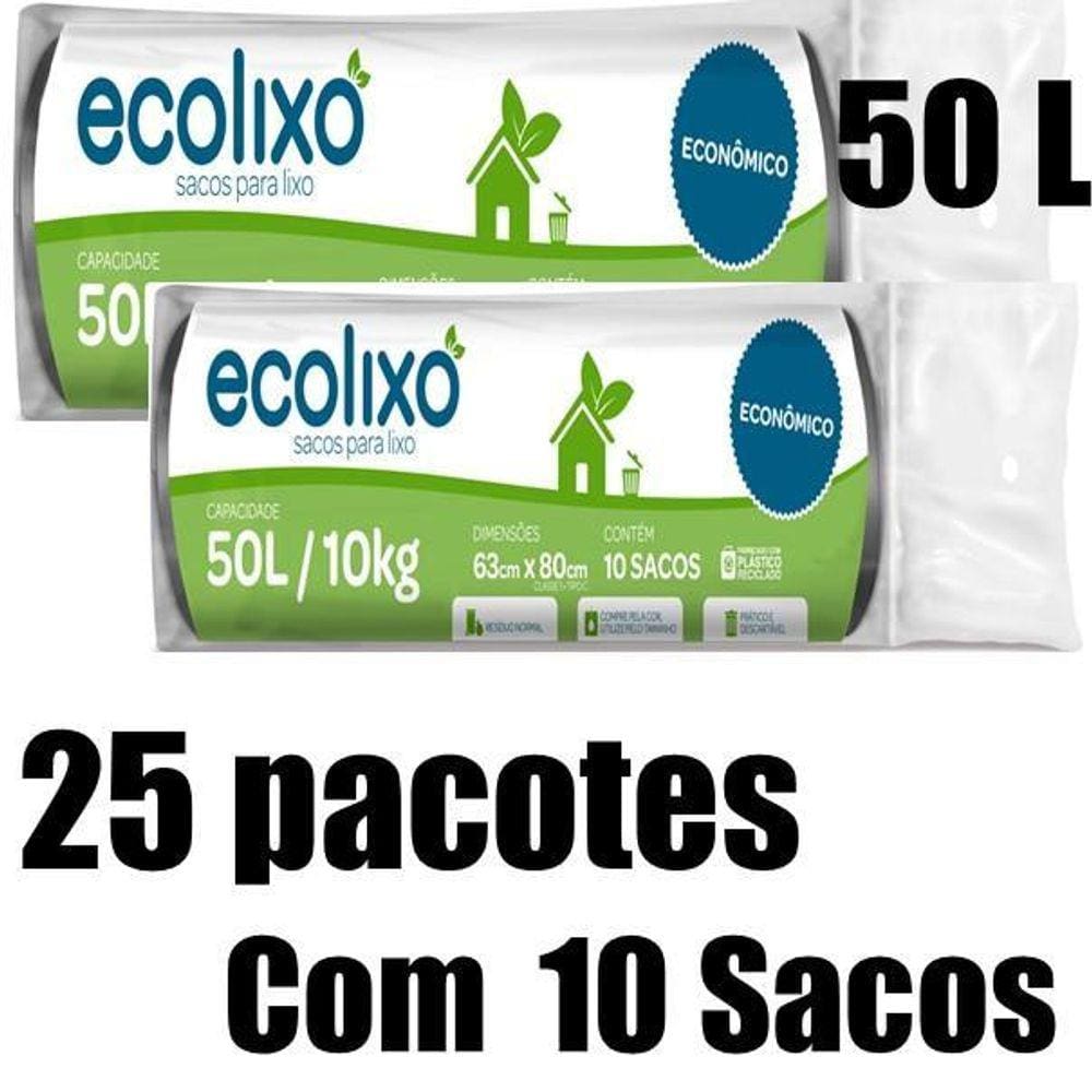 Kit Saco De Lixo 50L Preto C/10Un - Ecolixo 25 Pacotes