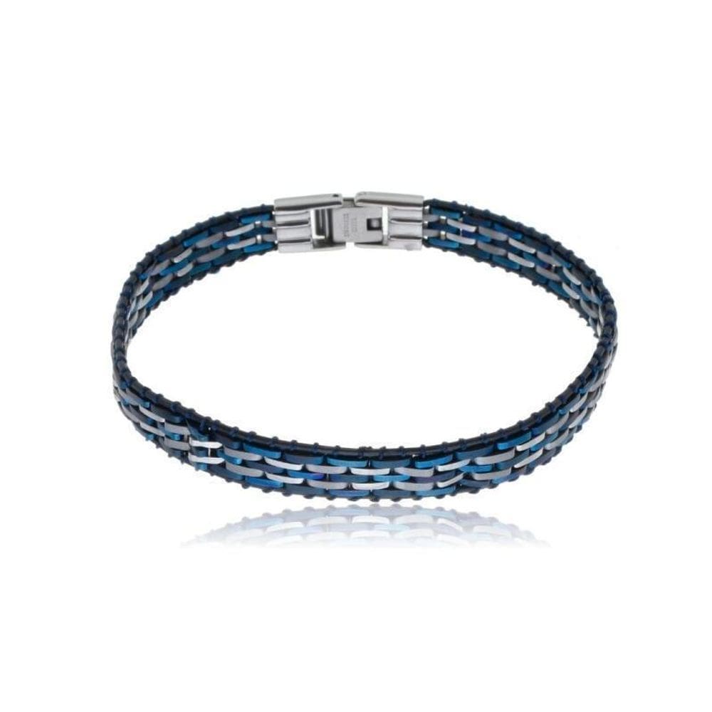 Bracelete Rosso Aço 21Cm Fita Trançada Azul E Steel