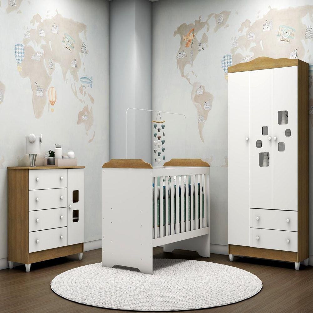 Dormitorio Mel, Roupeiro 3 Portas Mel, Cômoda Fraldario e Berço Mini Cama Mel Branco Fosco com Amadeirado