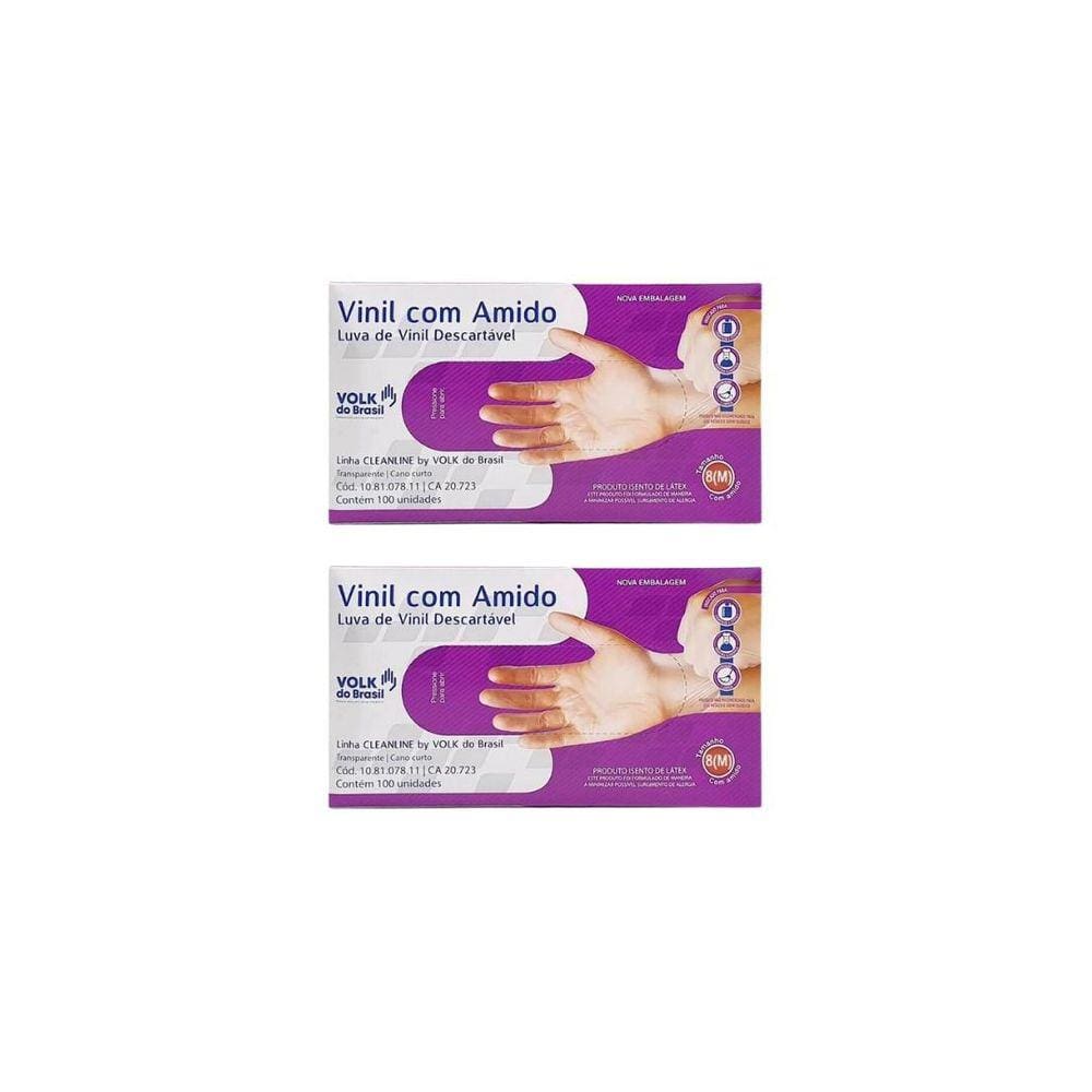 Luvas Vinil Volk Com 100Un Media Com Amido - Kit C/2Un