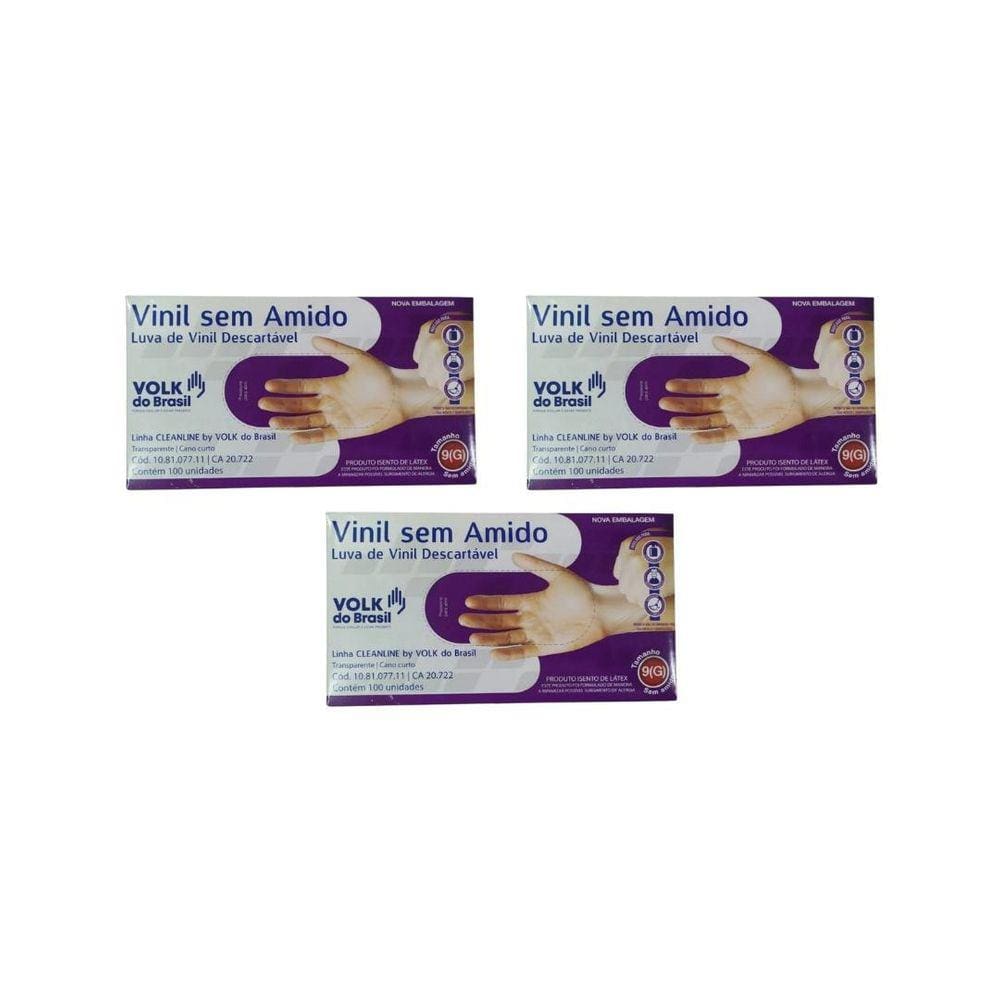 Luvas Vinil Volk Com 100Un Grande Sem Amido - Kit C/3Un