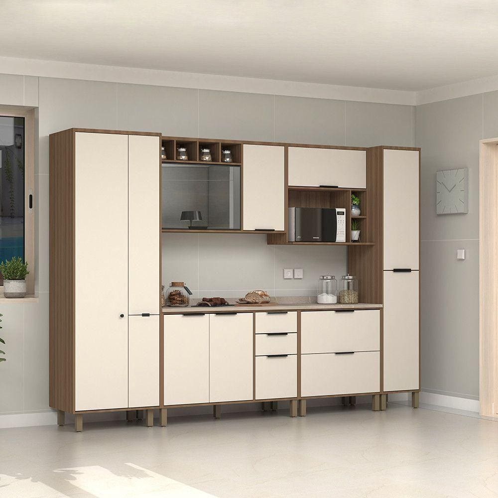 Cozinha Completa 6 Peças Balcões Aéreos Vidro Reflecta Comtampo Aspen Luciane Móveis Vanilla-beige
