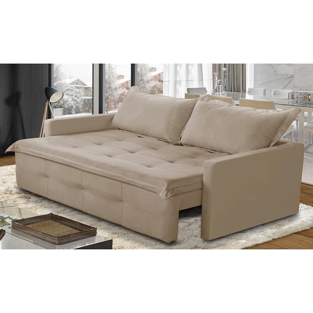 Sofá Sem Caixa Retrátil e Reclinável 2,00m com Molas Bianca Suede Bege Madelina Decor