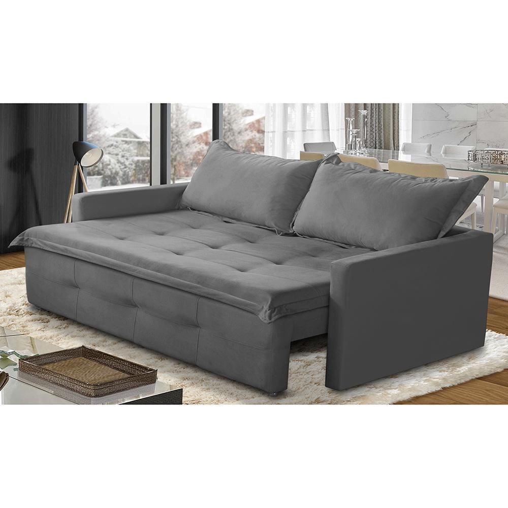 Sofá Sem Caixa Retrátil e Reclinável 1,85m com Molas Bianca Suede Cinza Madelina Decor