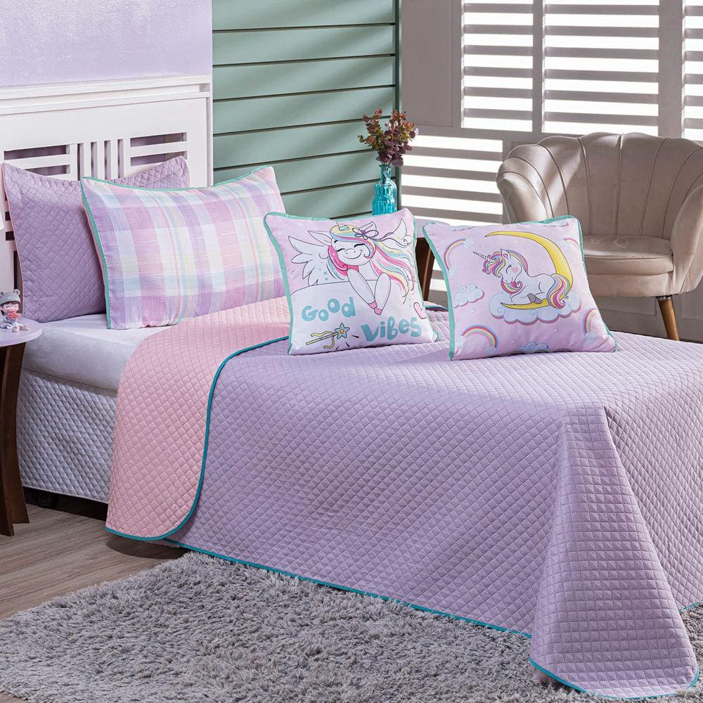 Kit Cobre Leito Vibes Unicórnio Lilás/Rosa Dupla Face com Almofadas SOLTEIRO 05 Peças