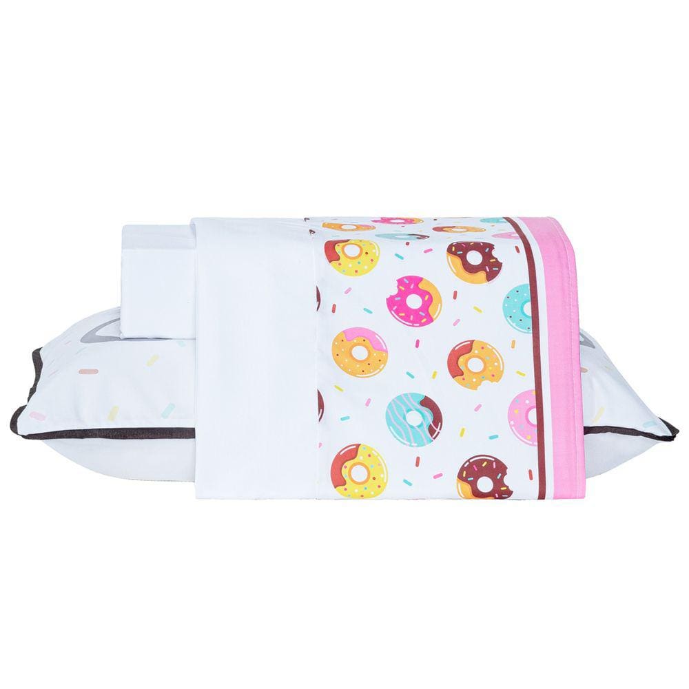 Jogo de Cama Infantil Lençol Urso Donuts Branco Solteiro 03 Peças - Percal 200 Fios