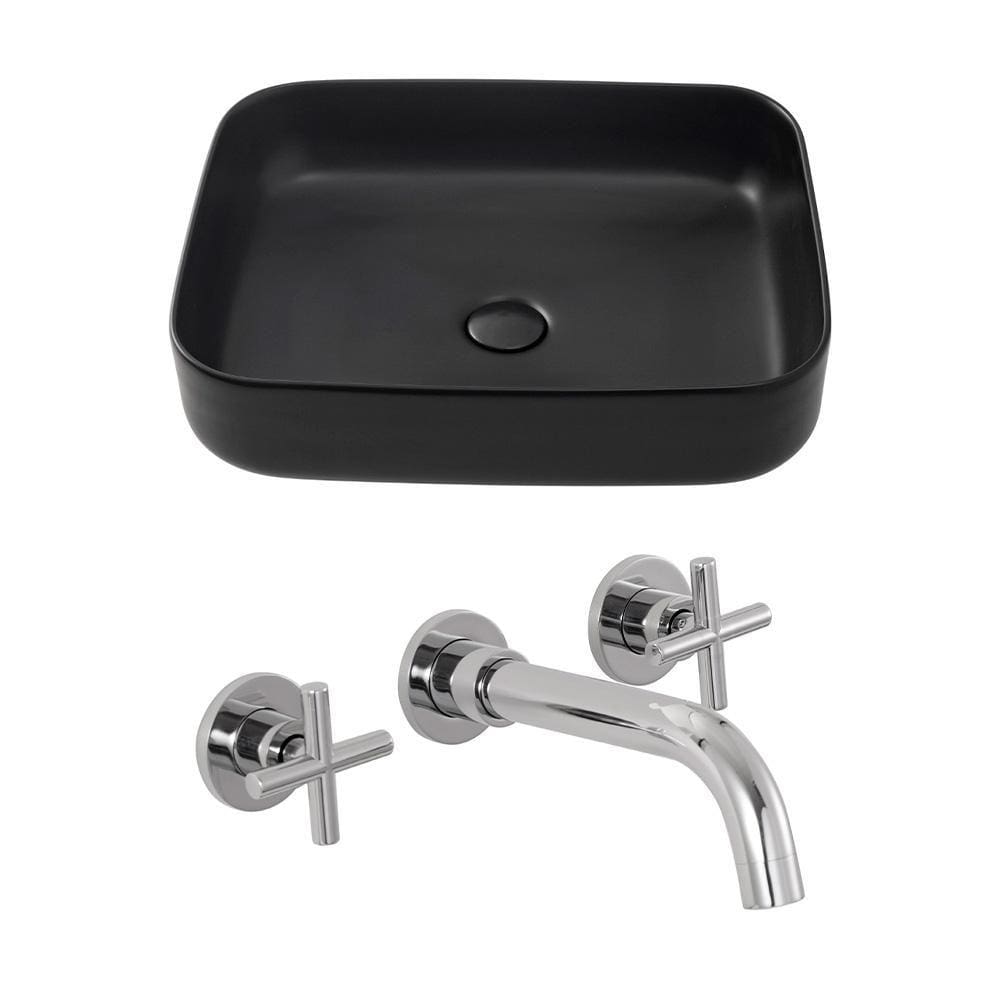 Kit Cuba para Banheiro Retangular Slim Cerâmica Fluorita e Torneira Duplo Comando de Parede Cariús - Preto e Prata