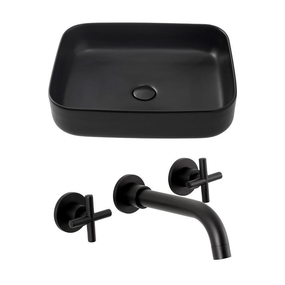 Kit Cuba para Banheiro Retangular Slim Cerâmica Fluorita e Torneira Duplo Comando de Parede Cariús - Preto