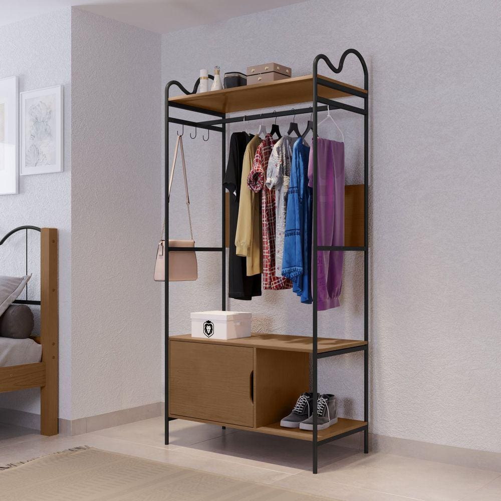 Closet Aberto em Mdf 1 Porta 90x192cm Oasis Preto/Marrom
