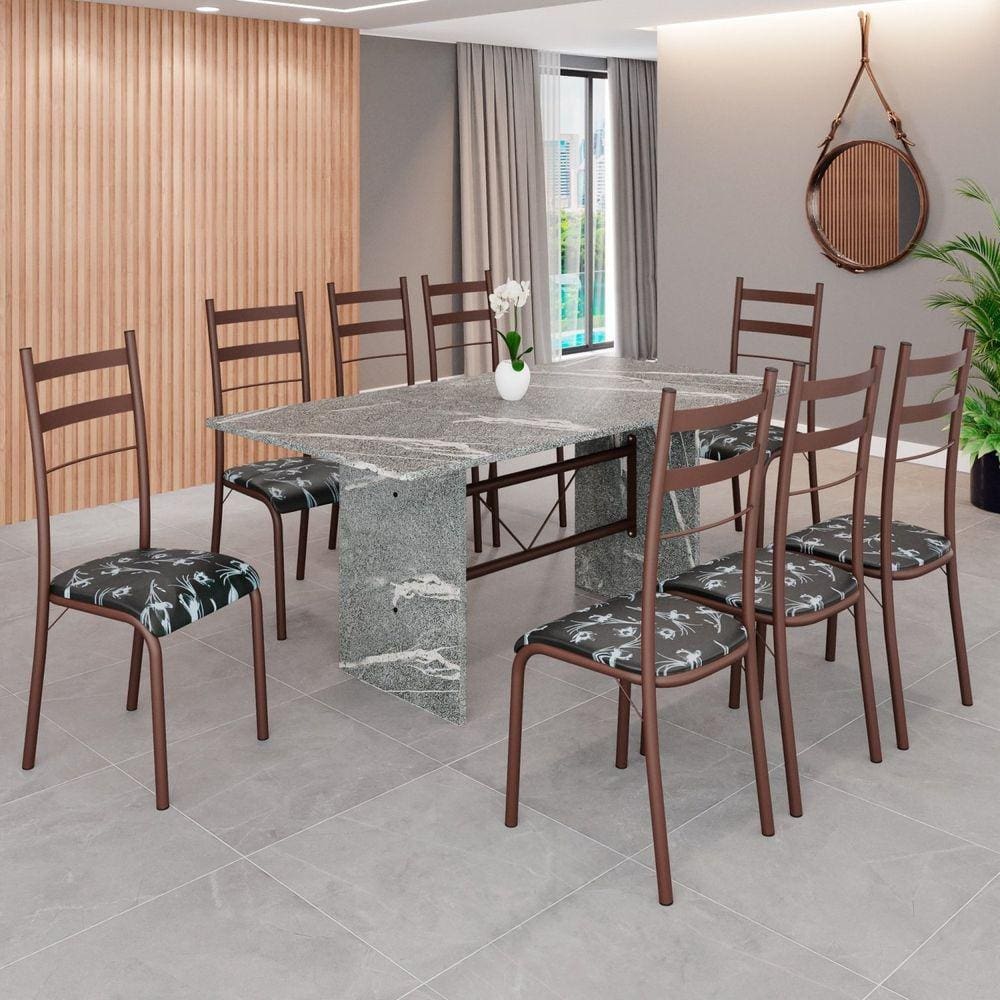 Conjunto Sala de Jantar Mesa Retangular 180x75cm Tampo Granito Topázio 8 Cadeiras Marselha Preto Floral / Marrom