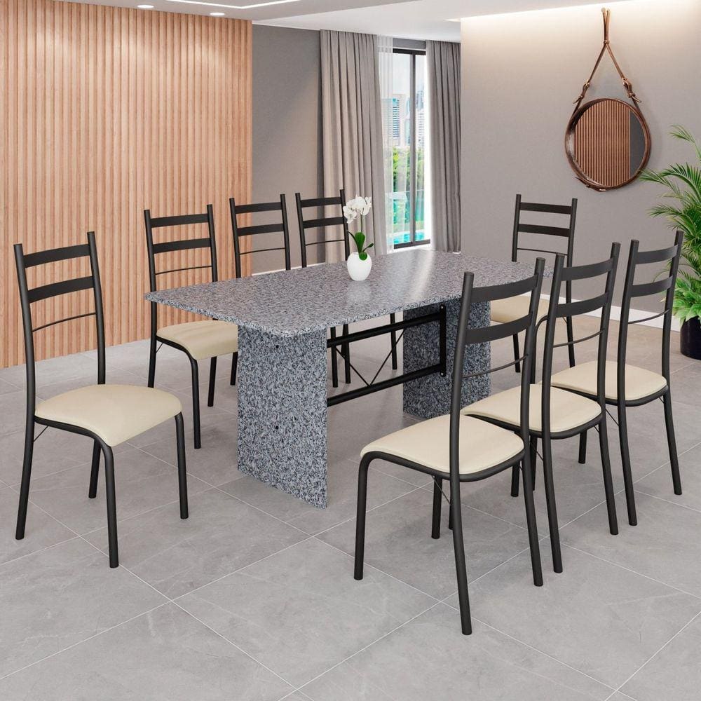 Conjunto Sala de Jantar Mesa Retangular 180x75cm Tampo Granito Ocre 8 Cadeiras Marselha Creme / Preto Fosco