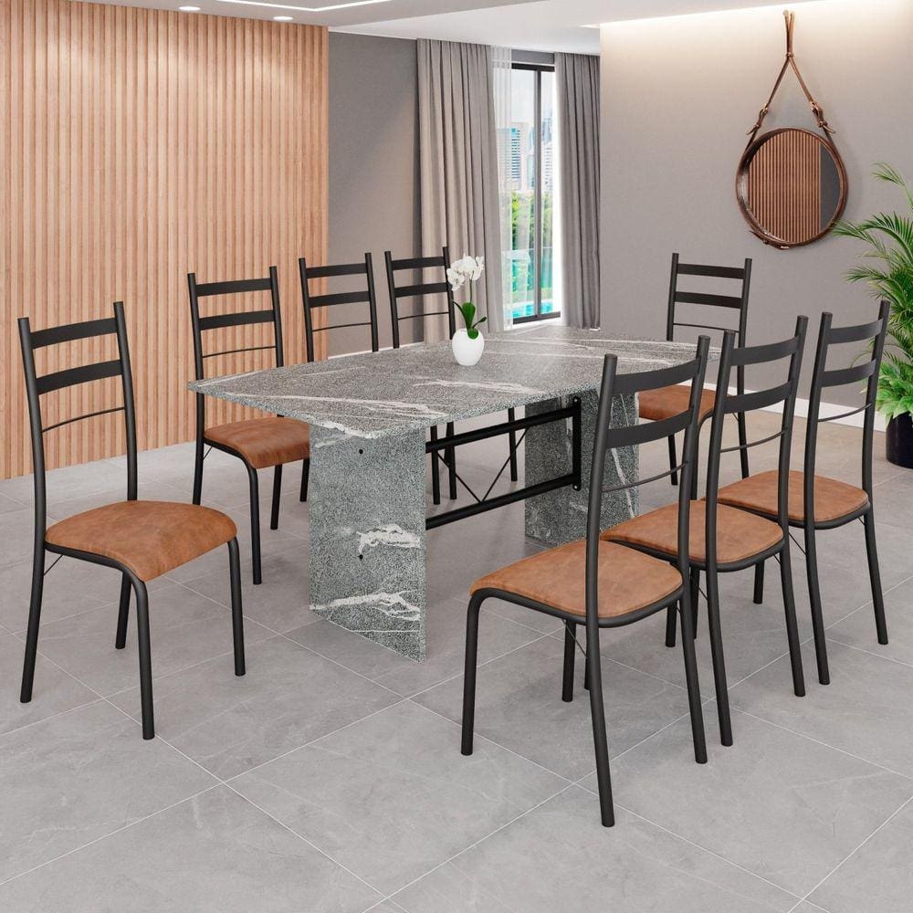 Conjunto Sala de Jantar Mesa Retangular 180x75cm Tampo Granito Topázio 8 Cadeiras Marselha C. Marrom / Preto Fosco