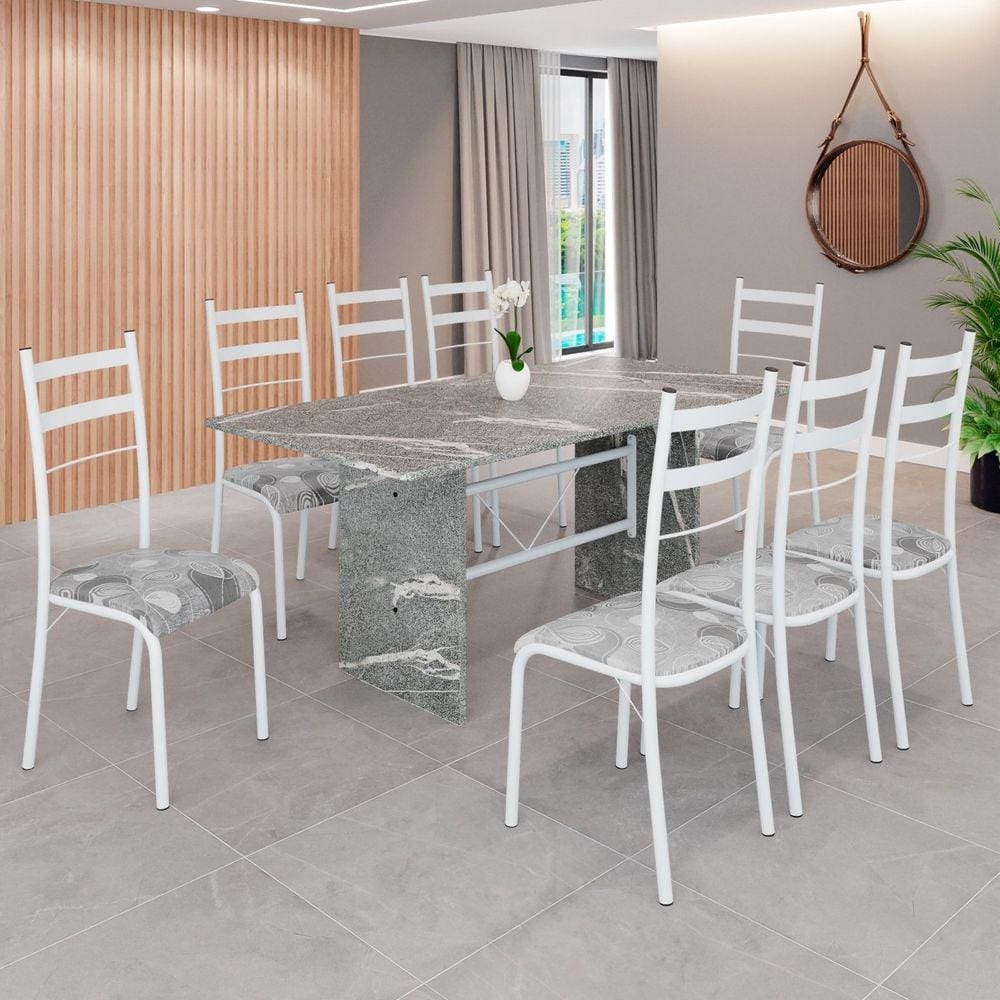 Conjunto Sala de Jantar Mesa Retangular 180x75cm Tampo Granito Topázio 8 Cadeiras Marselha Paraopeba / Branco