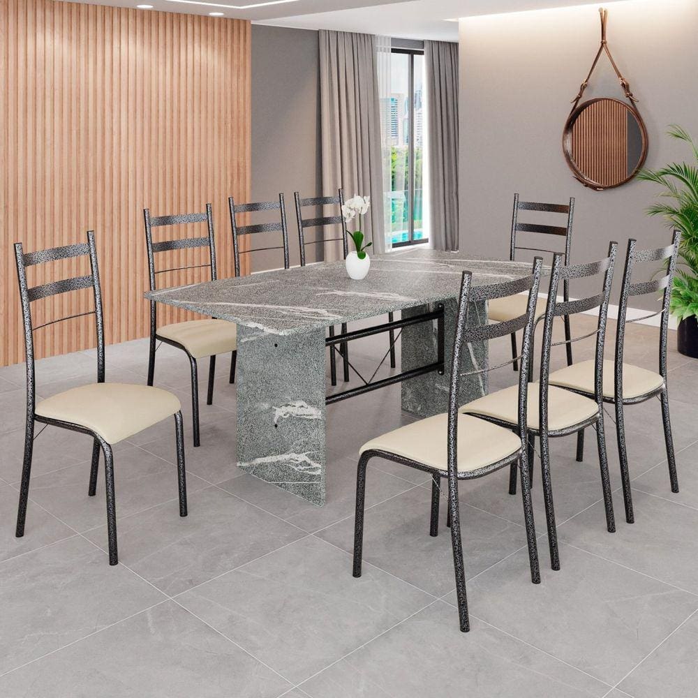 Conjunto Sala de Jantar Mesa Retangular 180x75cm Tampo Granito Topázio 8 Cadeiras Marselha Creme / Mart Prata