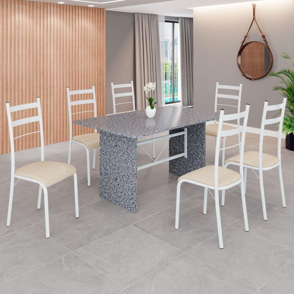Conjunto Sala de Jantar Mesa Retangular 140x75cm Tampo Granito Ocre 6 Cadeiras Marselha Creme / Branco