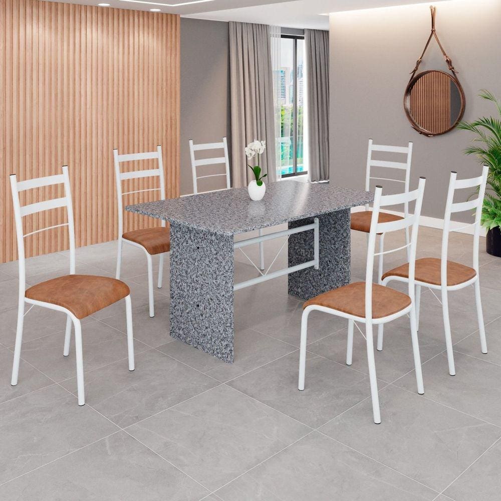Conjunto Sala de Jantar Mesa Retangular 140x75cm Tampo Granito Ocre 6 Cadeiras Marselha C. Marrom / Branco