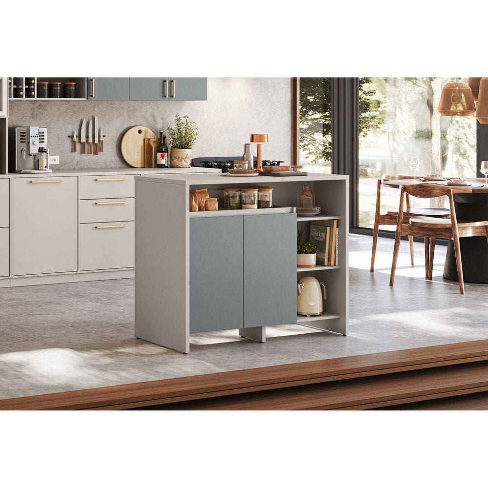 Ilha Gourmet 120cm 2 Portas Tampo Pintura Uv Cinza/Gris