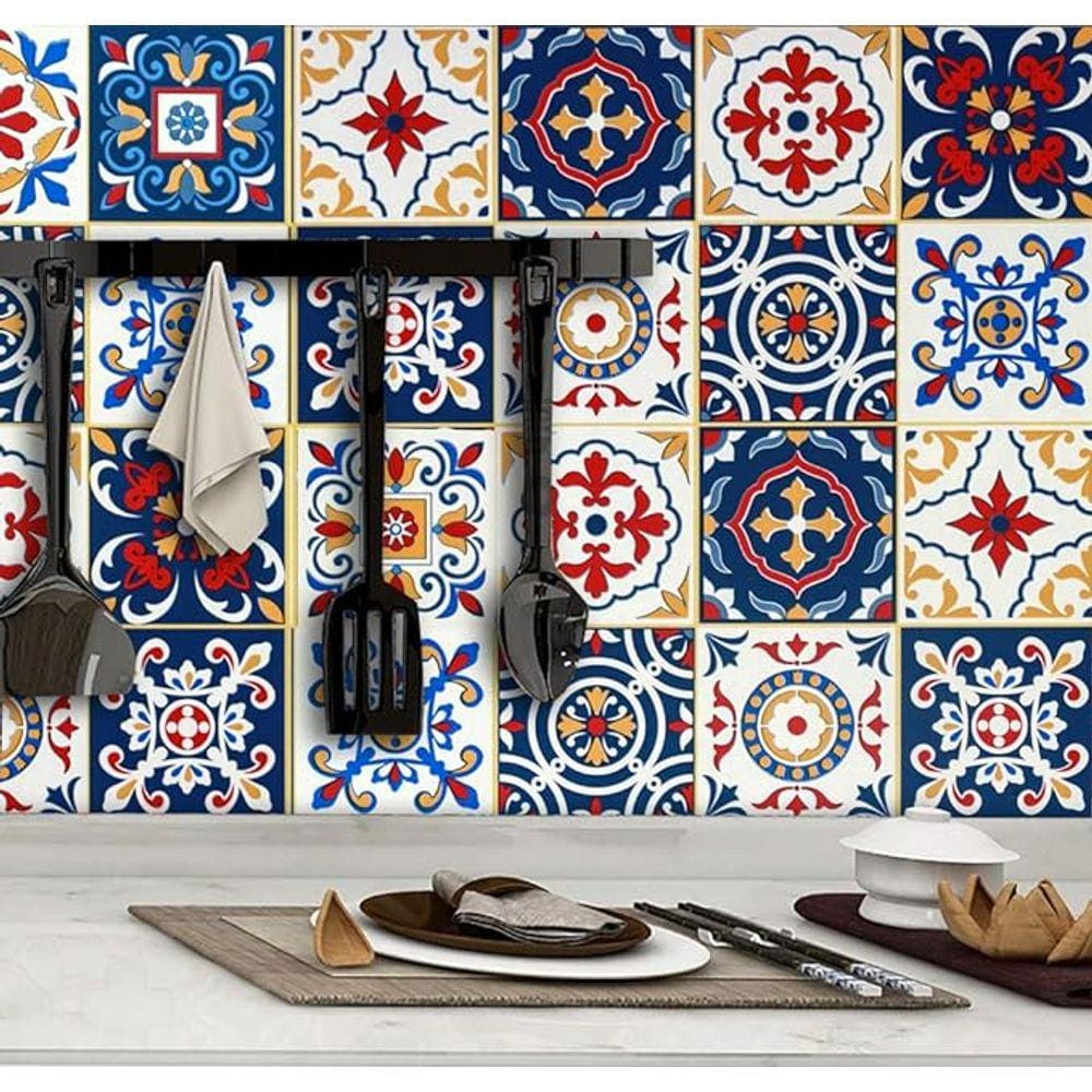 Papel de Parede Estilo Azulejo Ladrilho Hidráulico em Tons Coloridos Adesivo Lavável Cozinha Criativa