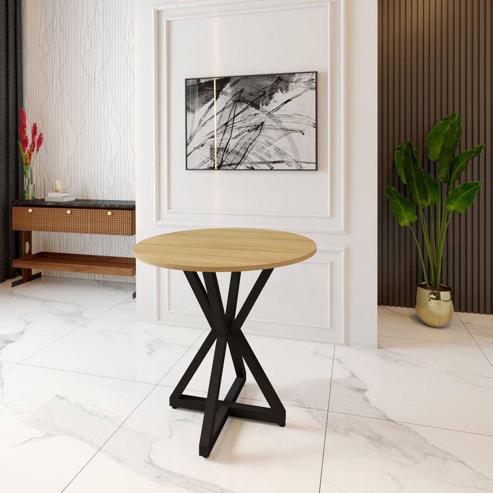 Mesa Industrial Redonda Pé de Ferro Tampo em Madeira Maciça 70x70cm