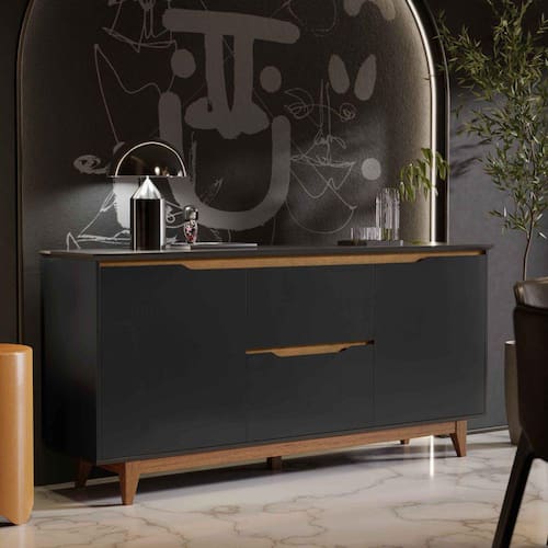 imagem-Aparador Buffet Sala Flow 2 Portas 2 Gavetas com Pés de Madeira Preto com Freijó - Rede Móveis