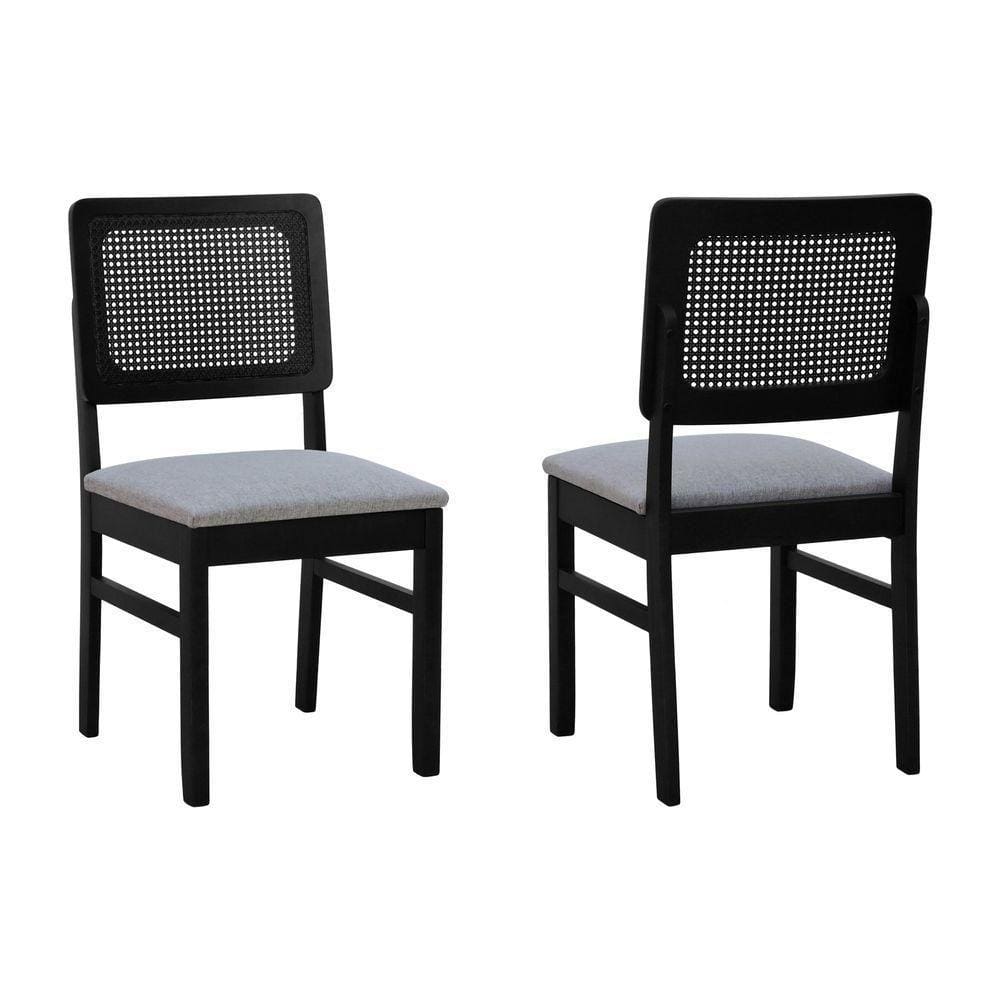 Kit 2 Cadeiras Madeira Maciça Lyon Encosto Telinha - Preto Assento Estofado Linho Cinza Mescla Impermeável