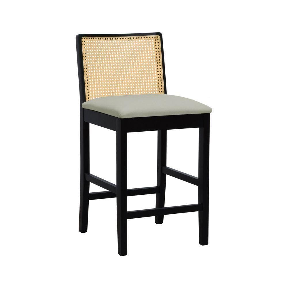 Banqueta Média Pérola - Preto Assento Estofado Linho Bege
