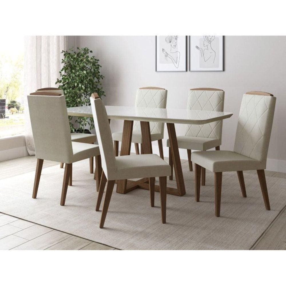 Conjunto Mesa Bennett Retangular com Tampo de Vidro 1.80 e 6 Cadeiras Daisy Pés em Madeira Maciça Madeira