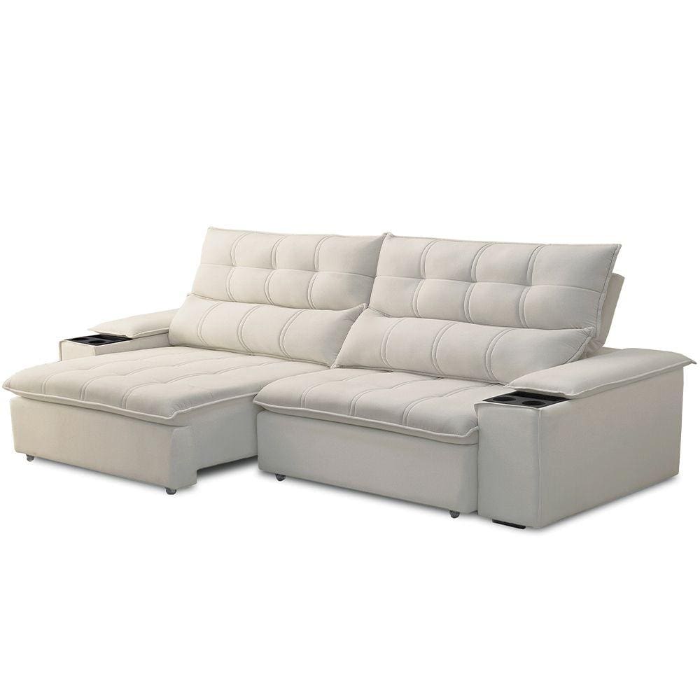 Sofá Retrátil Reclinável Para Sala de Estar Living 230cm Ártico F04 Veludo Bege - Lyam Decor