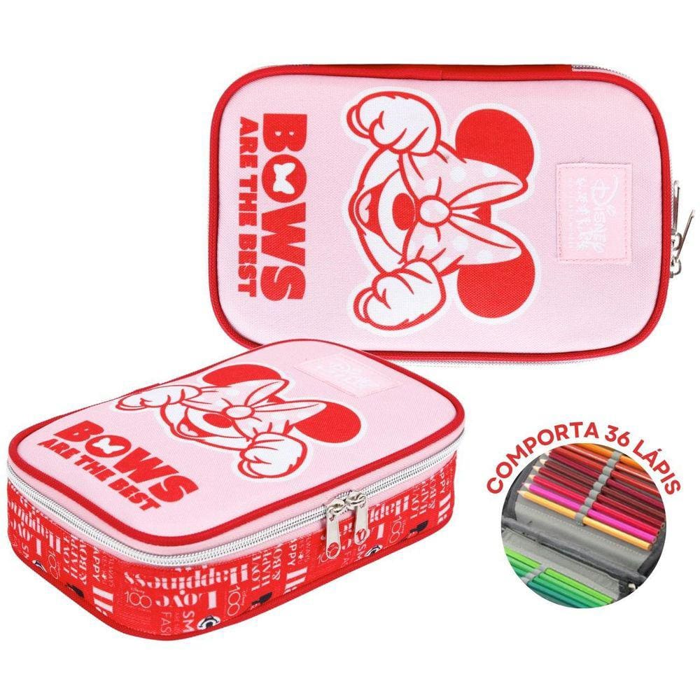 Estojo Escolar Minnie Mouse Bolsa Box Elástico 36Pens Disney