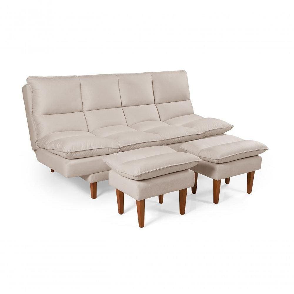 Sofá Cama Andorra 3 Lugares Império Reclinável Casal Pés Madeira Com Banqueta Suede Areia 376