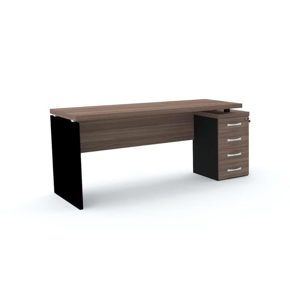 Mesa Pé Painel Com Gaveteiro 4 Gavetas Pe40 Em Mdp 164 X 60 Cm Walnut Base Preta